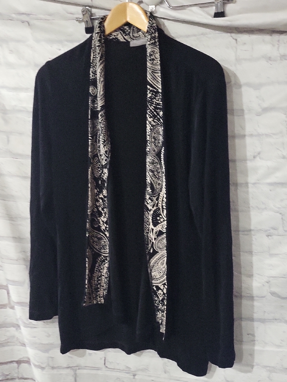 Chicos Travelers Black Cardigan with Paisley Trim